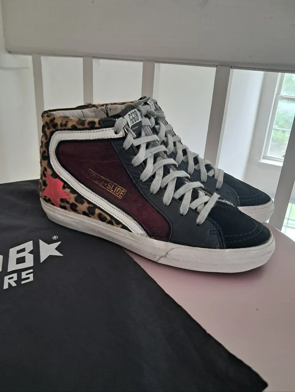 Golden Goose Sneakers Women's 38 8 Slide High Top Burgundy Leopard Calf Hair